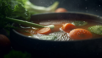 Fresh vegetarian soup with organic ingredients, served in a crockery bowl generated by AI