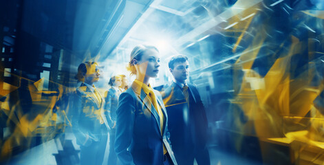 Multiple exposure concept of businessmen and businesswomen in a brightly lit co-working place or an office. Blue and yellow colors. Made by Generative AI