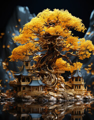 Obraz premium Japanese Bonsai tree with yellow leaves in the forest, close-up view. Autumn season