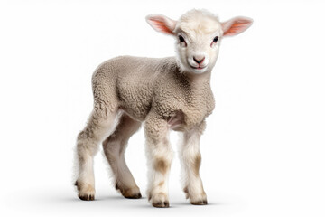 Cute lamb standing on white background.