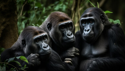 Obraz premium Black primate family sitting in tropical rainforest generated by AI