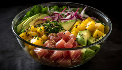 Fresh gourmet salad bowl with healthy vegetables and grilled meat fillet generated by AI