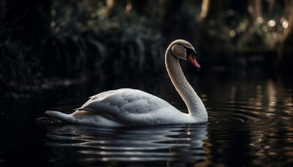 Fototapeta premium Majestic swan reflects natural beauty in tranquil pond generated by AI