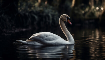 Majestic swan reflects natural beauty in tranquil pond generated by AI