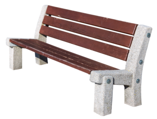 A park bench for resting. Concrete frame and wooden rungs.