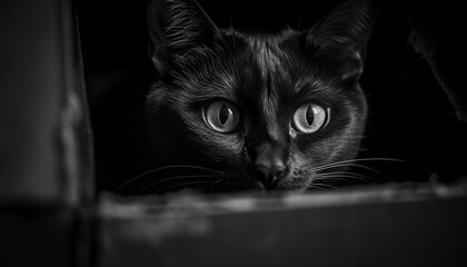 Fluffy kitten staring out window with cute whiskers and fur generated by AI