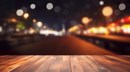 Wooden Table Empty with Nightclub Background, Bokeh Lights, Ambient Atmosphere, Mockup, Empty Table with Copy Space for Product Presentation - obrazy, fototapety, plakaty