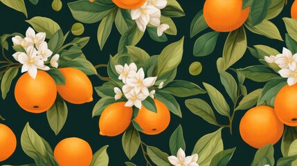 Pattern of oranges and green leaves on dark background.