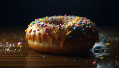Bright colors decorate baked pastry item, indulgent donut with icing generated by AI