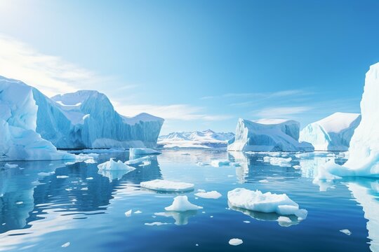 Iceberg landscape in the Antarctic ocean with turquoise water on a sunny day. Interior pictures at home. Generative AI