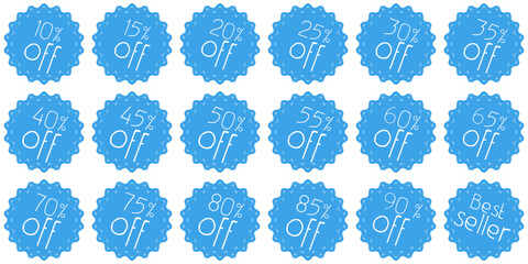 Blue stickers with discounts from 10% to 90%.