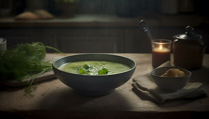 Healthy vegetarian soup in rustic bowl on wooden table indoors generated by AI