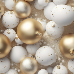 Christmas seamless pattern festive luxury xmas background with gold, white christmas balls, gifts and decoration. AI Generated