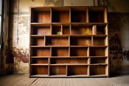 Vacant wooden bookshelf. Generative AI