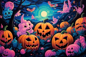 A charming painting of cheerful Halloween pumpkins, bats, and a ghost on a black background, with a blue and pink aesthetic neon card. Generative AI