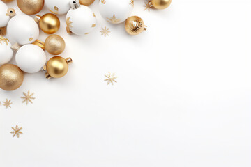 Christmas white background with gold christmas balls, stars and decoration with space. AI Generated