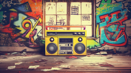 Retro old design ghetto blaster boombox radio cassette tape recorder from 1980s.generative ai
