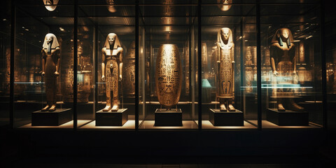 ancient history museum, Egyptian mummies in glass cases, moodily lit, intricate hieroglyphs on walls - obrazy, fototapety, plakaty