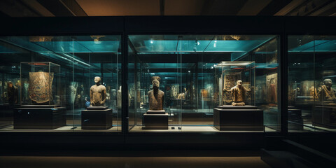 ancient history museum, Egyptian mummies in glass cases, moodily lit, intricate hieroglyphs on walls