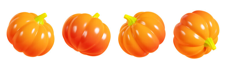 Orange pumpkin with green stem in different angles 3d render illustration set.