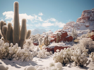 A serene desert landscape featuring multiple cacti species after a rare snowfall, muted tones
