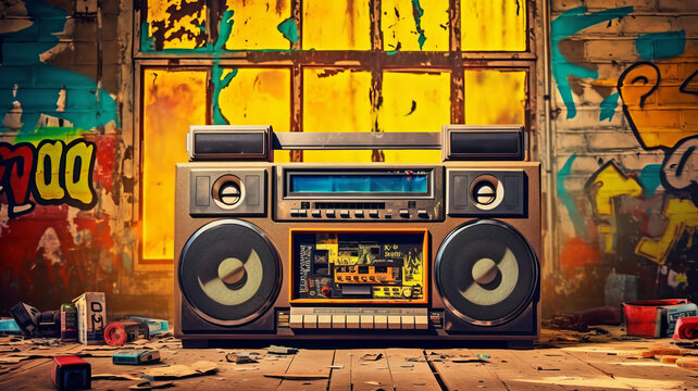 Retro old design ghetto blaster boombox radio cassette tape recorder from 1980s.generative ai