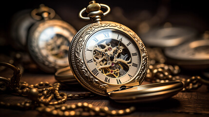 Antique pocket watches opened to show delicate inner workings, surface of a dark oak table, dramatic side lighting to capture texture and intricacy - obrazy, fototapety, plakaty