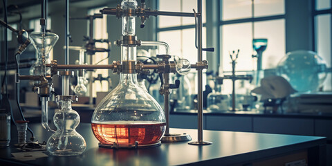 Distillation apparatus setup in a chemistry lab, glass condenser and boiling flask in focus, dramatic side lighting creating long shadows