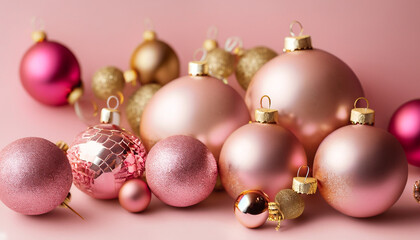 Beautiful Christmas Baubels. Pastel Pink and Gold Seasonal Background.