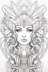 mandala illustration for coloring, girl, person, relaxation, therapeutic, print