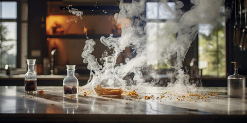 chemical reaction, effervescence in a test tube, bubbles and smoke, set on a marble countertop, high dynamic range, natural window light