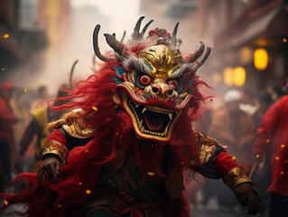 raditional Chinese New Year Parade, dragon dancers in focus, firecrackers, bright red and gold...