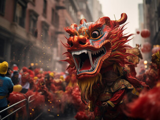 raditional Chinese New Year Parade, dragon dancers in focus, firecrackers, bright red and gold...