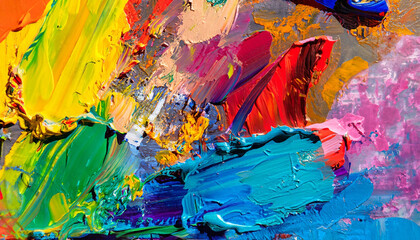 Closeup of abstract rough colorful bold rainbow colors explosion painting texture, with oil brushstroke, pallet knife paint on canvas