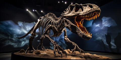 natural history museum, life - size Tyrannosaurus Rex skeleton centerpiece, softly lit with...
