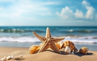 Fototapeta na wymiar Starfishes and shells on white sand coconut trees beach