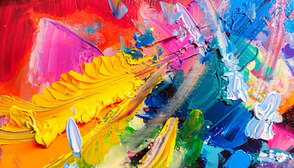 Closeup of abstract rough colorful bold rainbow colors explosion painting texture, with oil brushstroke, pallet knife paint on canvas