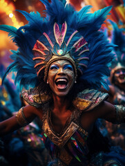 Brazilian Carnival Parade, samba dancers in colorful feathered costumes, crowd cheering