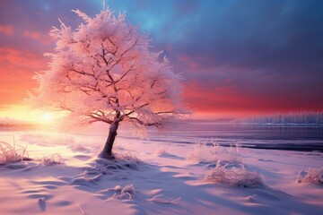 Vivid Creative winter landscape tree. Nature scene. Generate Ai