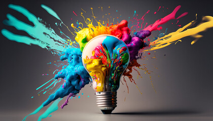 creative light bulb explodes with colorful paint and colors new idea brainstorming concept - obrazy, fototapety, plakaty