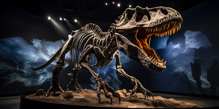natural history museum, life - size Tyrannosaurus Rex skeleton centerpiece, softly lit with spotlight