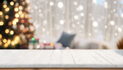 Empty white wold table top with abstract warm living room decor with christmas tree string light blur background with snow,Holiday backdrop,Mock up banner for display of advertise product - obrazy, fototapety, plakaty