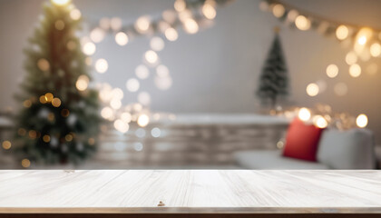 Empty white wold table top with abstract warm living room decor with christmas tree string light blur background with snow,Holiday backdrop,Mock up banner for display of advertise product - obrazy, fototapety, plakaty