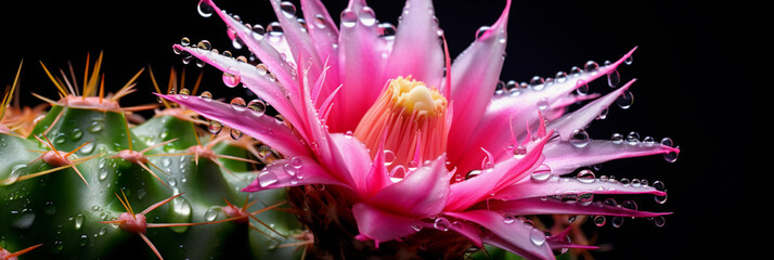 capturing the microcosm of a cactus flower in bloom, radiant pink petals contrasting with green spikes