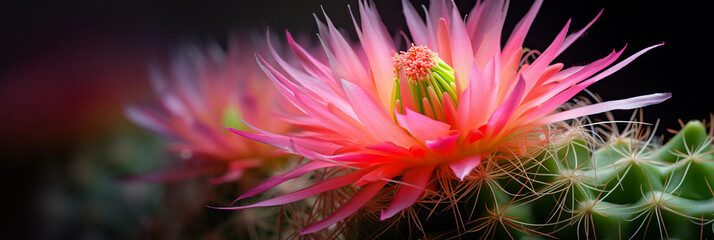 capturing the microcosm of a cactus flower in bloom, radiant pink petals contrasting with green spikes