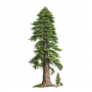 Realistic green sequoia tallest tree in the world on a white background, USA symbol - AI generated image