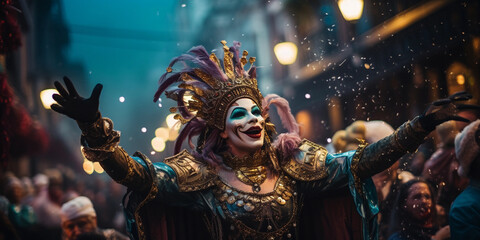 a Mardi Gras parade, focus on a float with jesters and elaborate costumes, beads flying through the air - obrazy, fototapety, plakaty