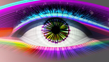 human multicolored iris of the eye animation concept rainbow lines after a flash scatter out of a bright binary circle and forming volumetric a human eye iris and pupil d rendering background k