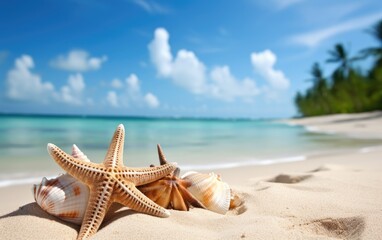 Fototapeta na wymiar Starfishes and shells on white sand coconut trees beach