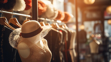Vintage clothing store, 1940s era, elegantly displayed lace dresses, pearl necklaces, and bowler hats, wooden hangers, warm ambient lighting, inviting atmosphere